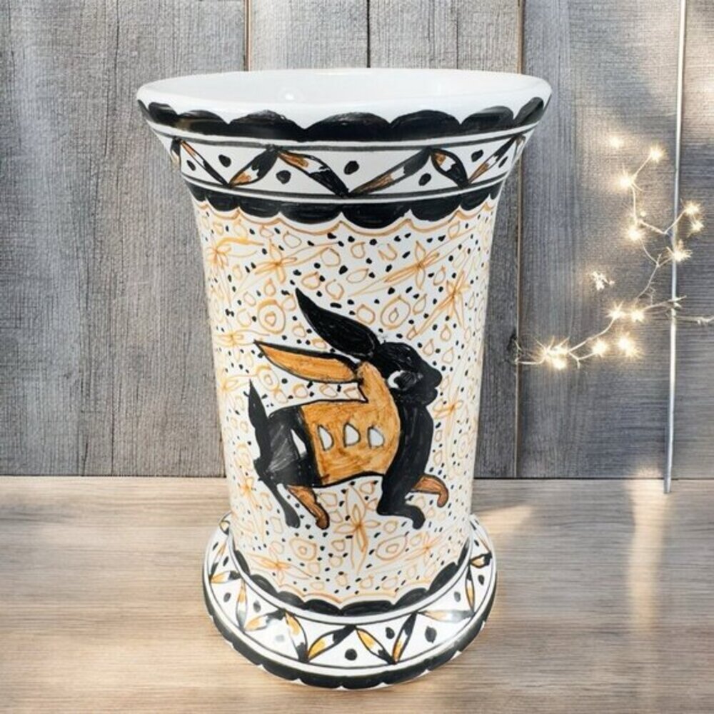 Vintage Portuguese Pottery Hand Painted Vase Vessel Deer Bunny‎ Scene Portugal